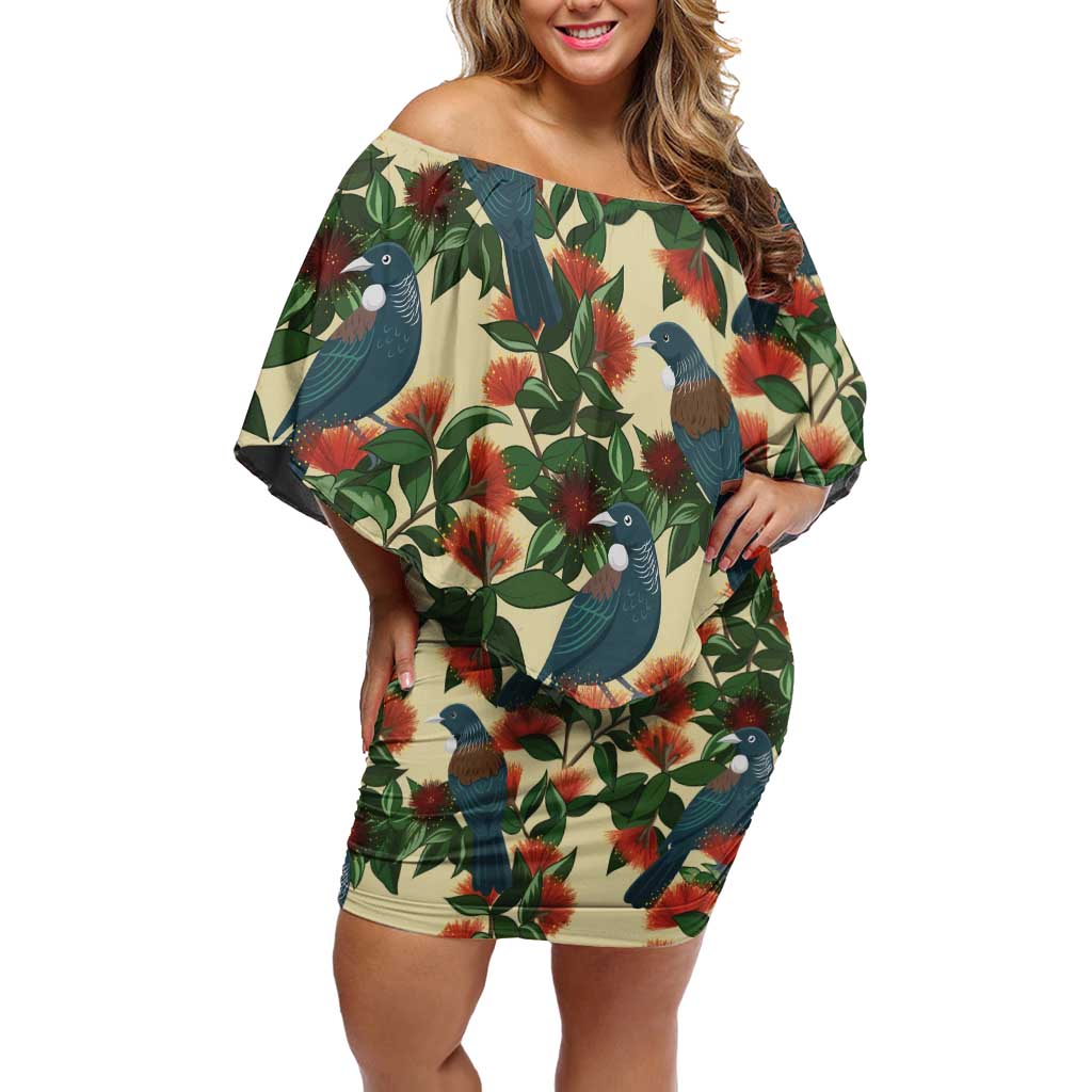 New Zealand Christmas Off Shoulder Short Dress Romantic Tui Birds on Pohutukawa - Ivory LT7 Women Ivory - Polynesian Pride
