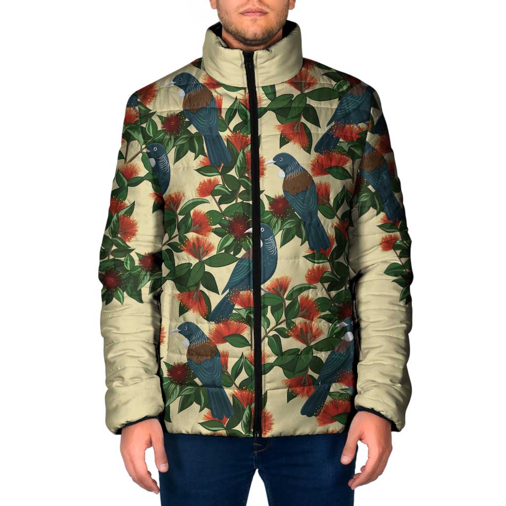 New Zealand Christmas Padded Jacket Romantic Tui Birds on Pohutukawa - Ivory LT7 Men Ivory - Polynesian Pride