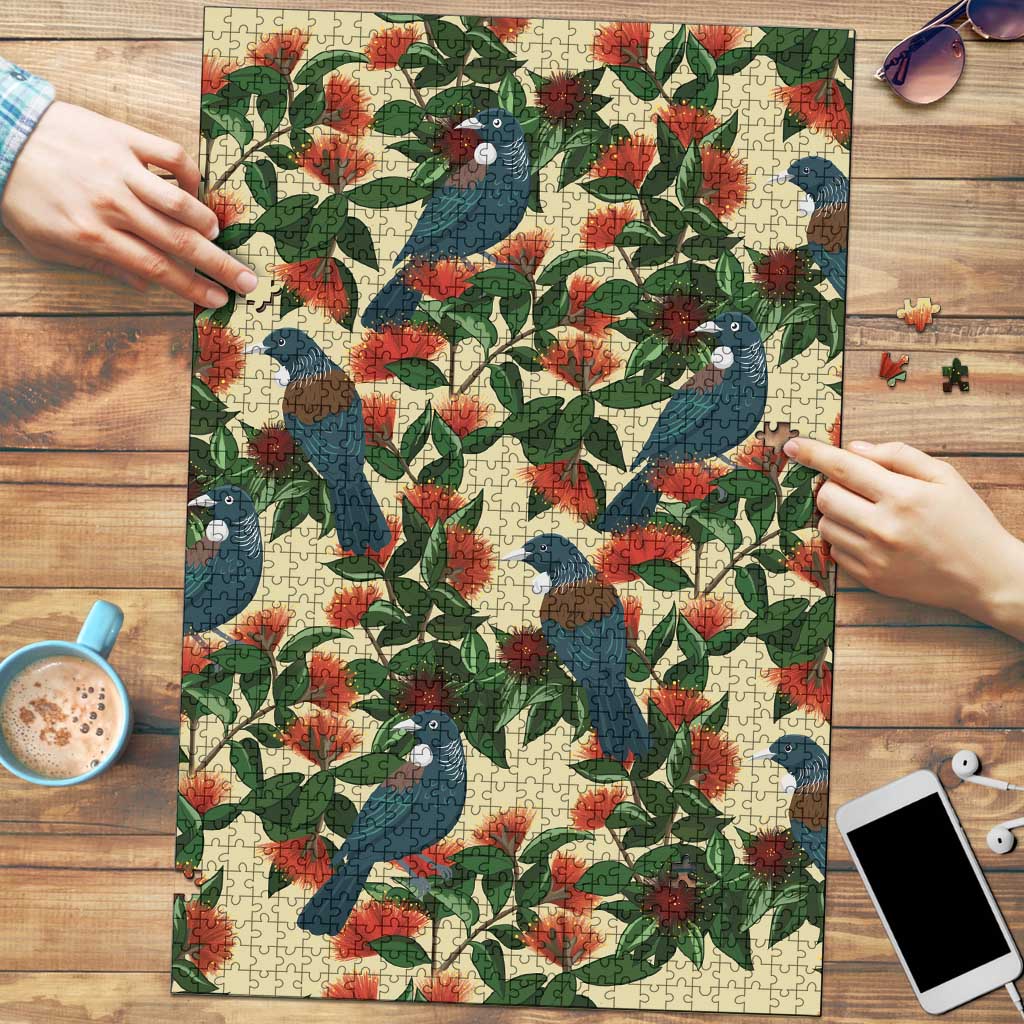 New Zealand Christmas Puzzle Romantic Tui Birds on Pohutukawa - Ivory LT7 Ivory - Polynesian Pride