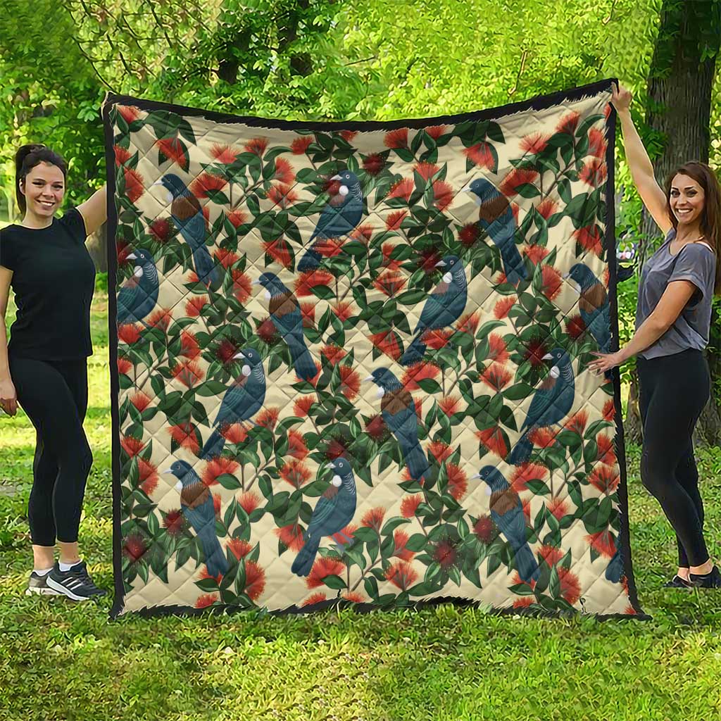 New Zealand Christmas Quilt Romantic Tui Birds on Pohutukawa - Ivory LT7 - Polynesian Pride