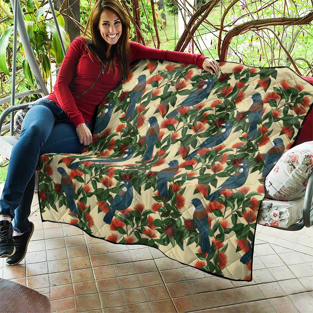 New Zealand Christmas Quilt Romantic Tui Birds on Pohutukawa - Ivory LT7 - Polynesian Pride