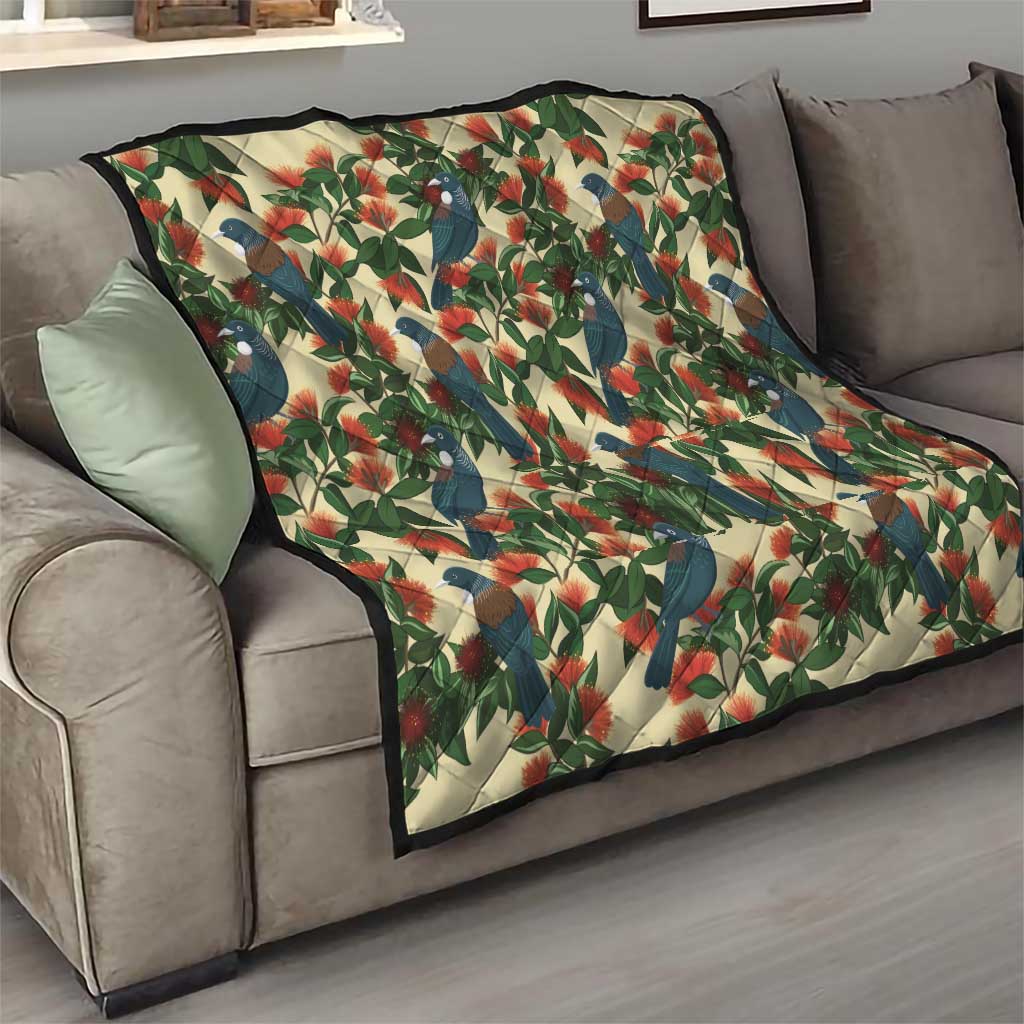 New Zealand Christmas Quilt Romantic Tui Birds on Pohutukawa - Ivory LT7 - Polynesian Pride