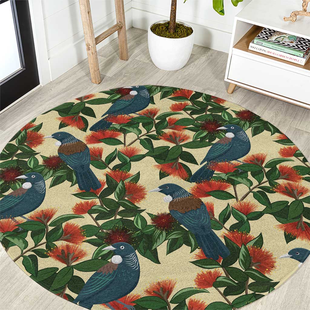 New Zealand Christmas Round Carpet Romantic Tui Birds on Pohutukawa - Ivory LT7 Ivory - Polynesian Pride