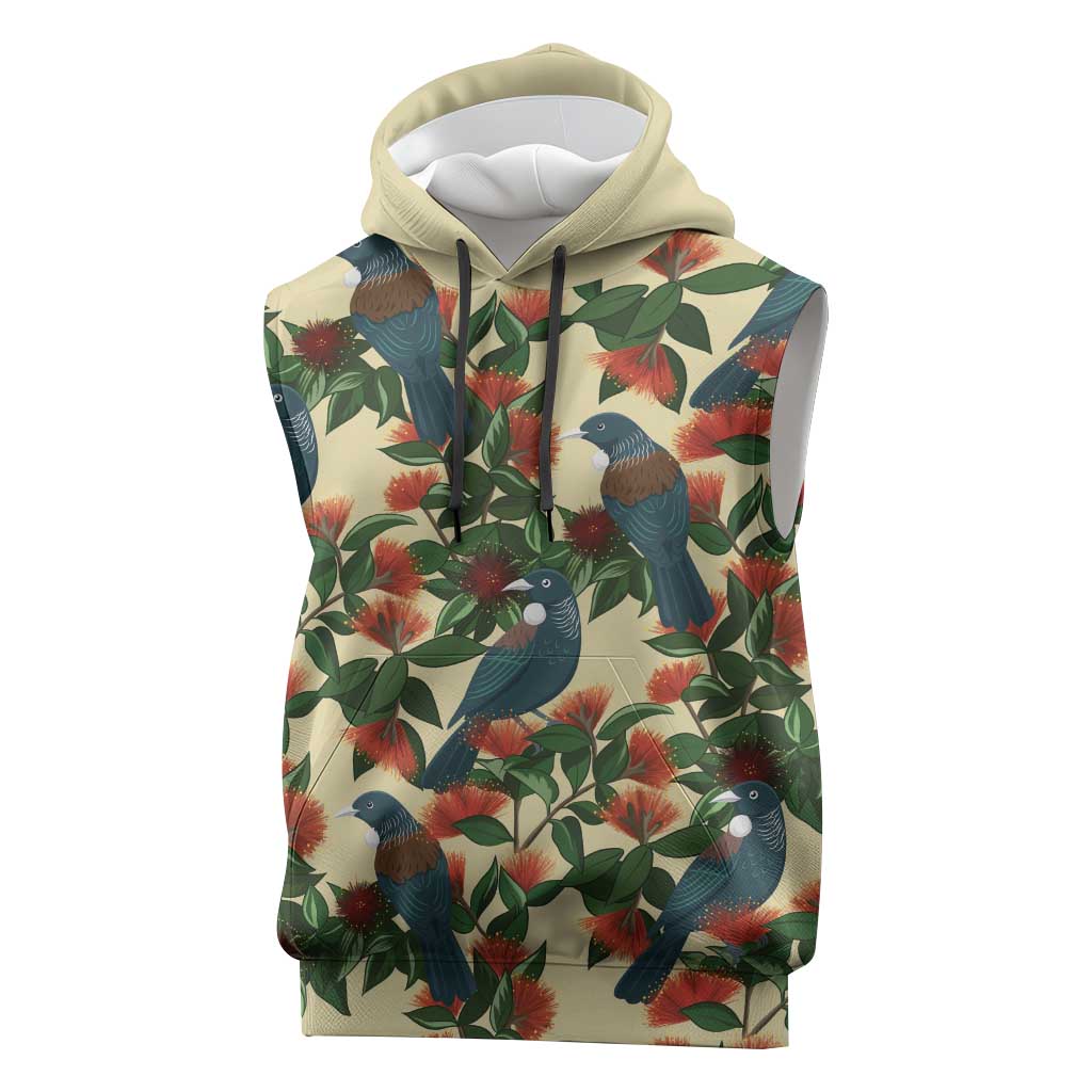 New Zealand Christmas Sleeveless Hoodie Romantic Tui Birds on Pohutukawa - Ivory LT7 Ivory - Polynesian Pride