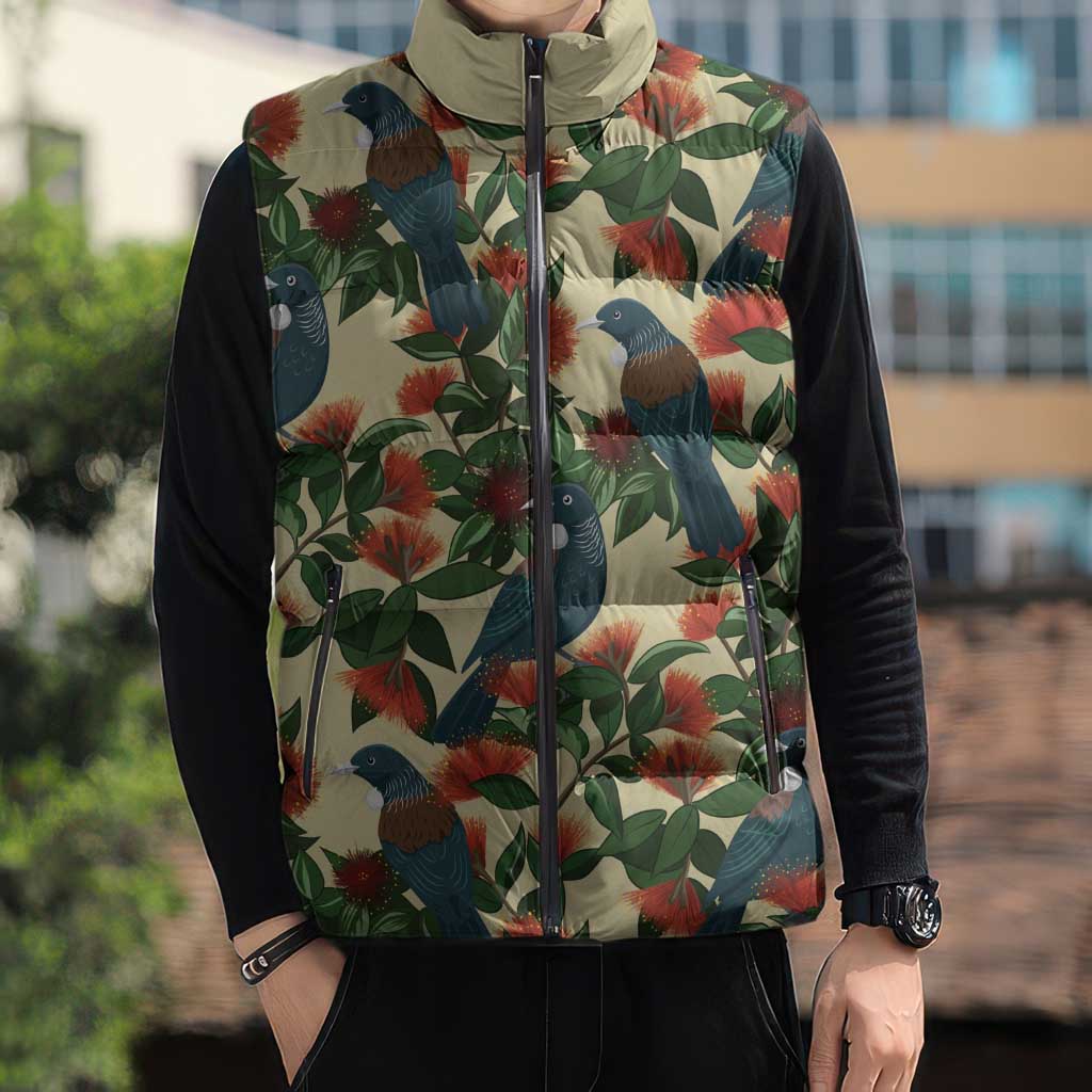 New Zealand Christmas Sleeveless Puffer Jacket Romantic Tui Birds on Pohutukawa - Ivory LT7 - Polynesian Pride