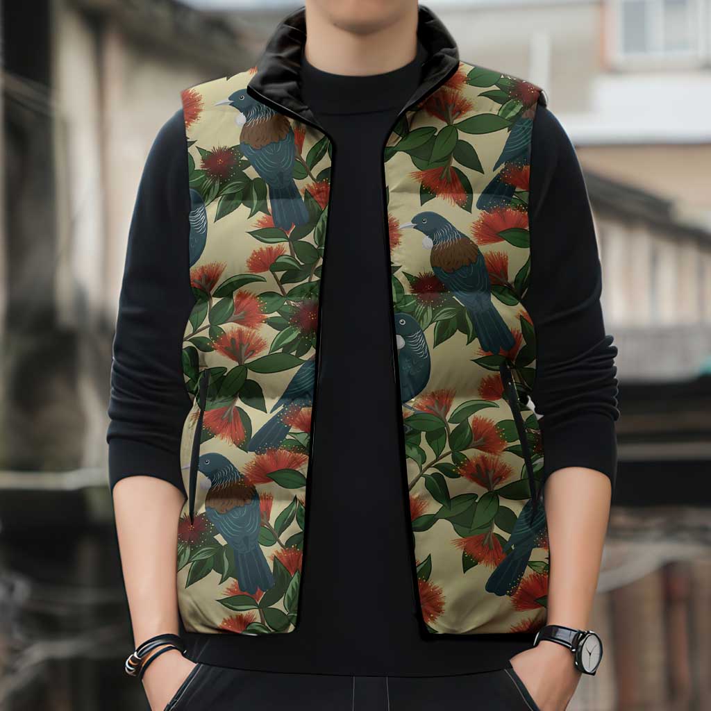New Zealand Christmas Sleeveless Puffer Jacket Romantic Tui Birds on Pohutukawa - Ivory LT7 - Polynesian Pride