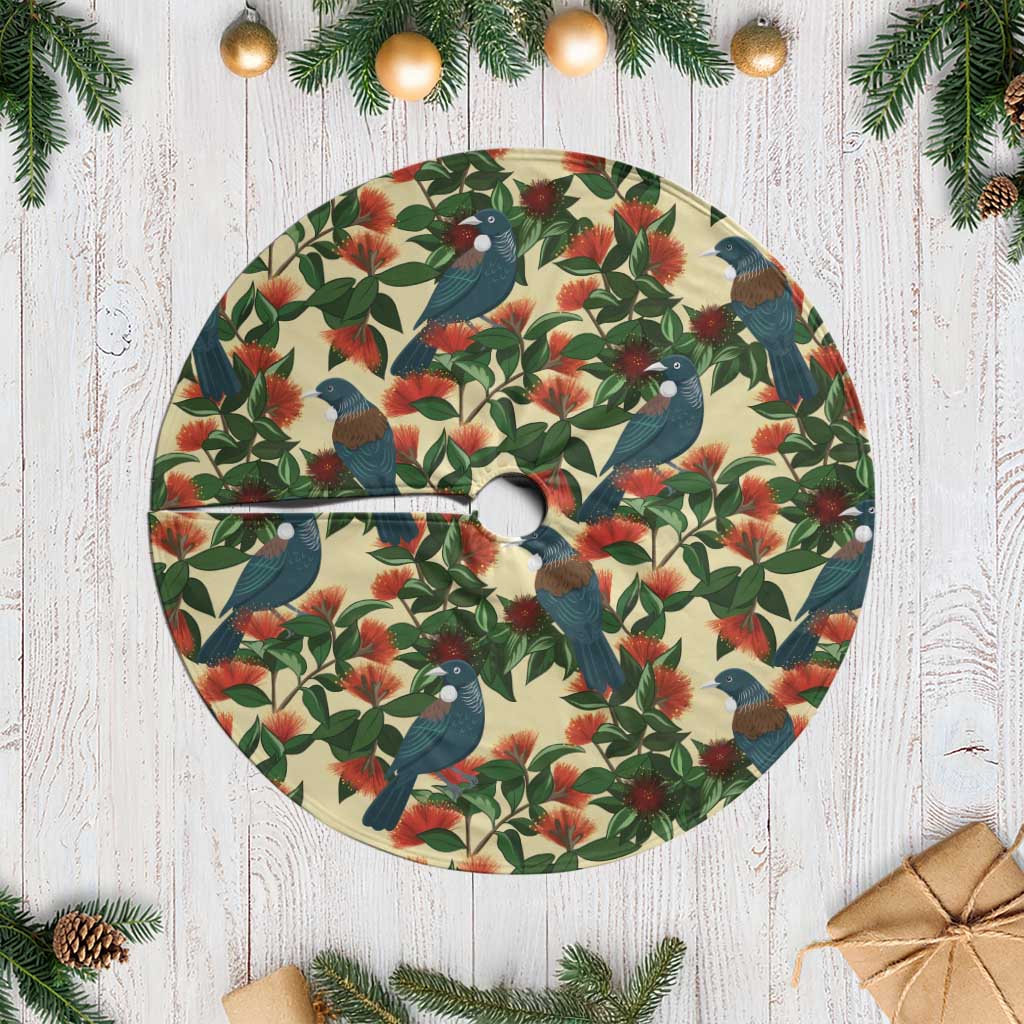 New Zealand Christmas Tree Skirt Romantic Tui Birds on Pohutukawa - Ivory LT7 Casual Ivory - Polynesian Pride
