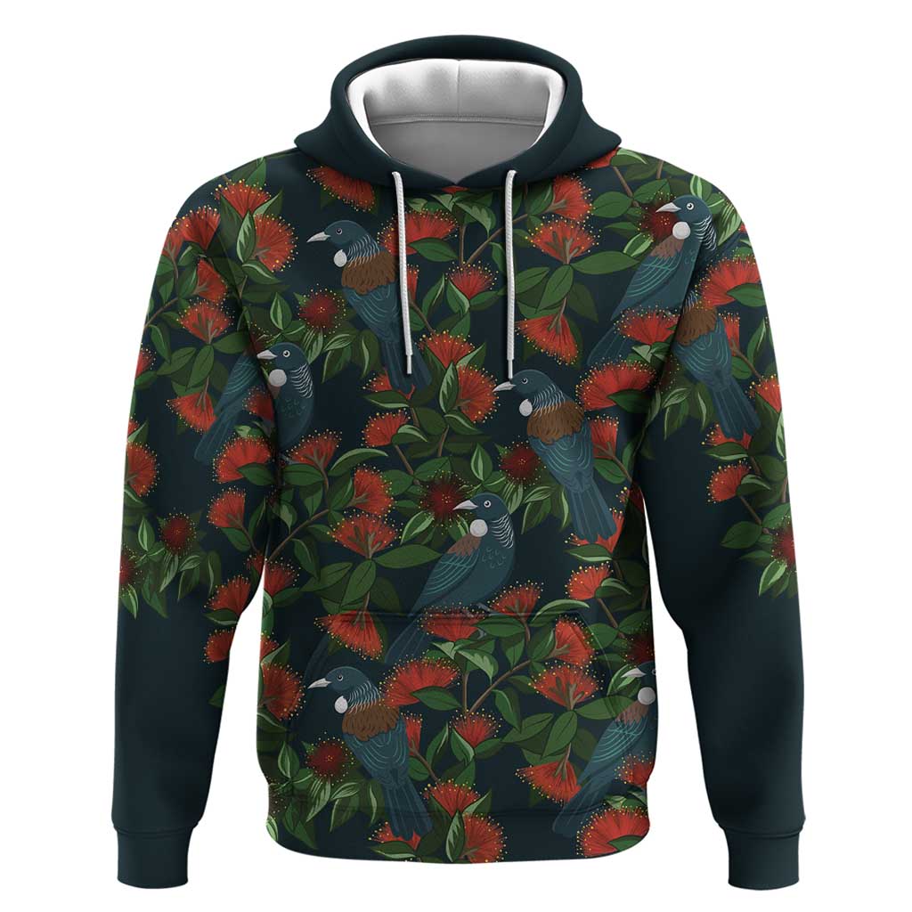 New Zealand Christmas Hoodie Romantic Tui Birds on Pohutukawa - Cobalt LT7 Pullover Hoodie Cobalt - Polynesian Pride