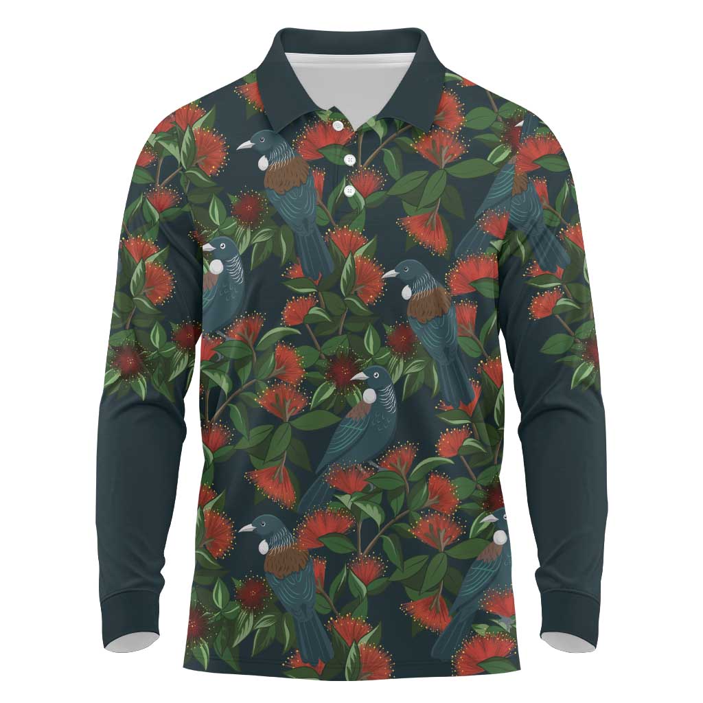 New Zealand Christmas Long Sleeve Polo Shirt Romantic Tui Birds on Pohutukawa - Cobalt LT7 Cobalt - Polynesian Pride