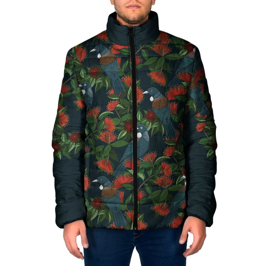 New Zealand Christmas Padded Jacket Romantic Tui Birds on Pohutukawa - Cobalt LT7 Men Cobalt - Polynesian Pride