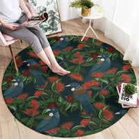 New Zealand Christmas Round Carpet Romantic Tui Birds on Pohutukawa - Cobalt LT7 - Polynesian Pride