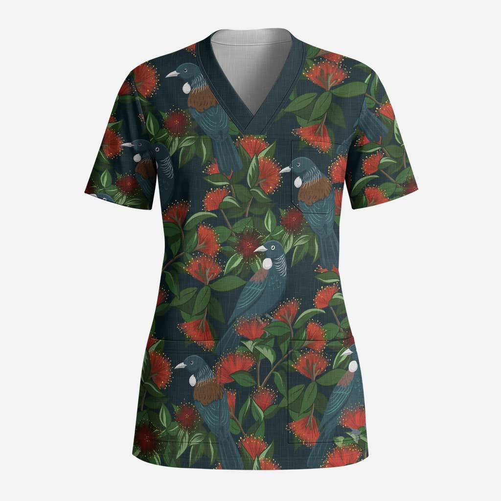 New Zealand Christmas Scrub Top Romantic Tui Birds on Pohutukawa - Cobalt LT7 Adult Cobalt - Polynesian Pride