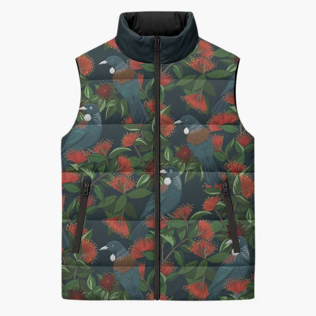 New Zealand Christmas Sleeveless Puffer Jacket Romantic Tui Birds on Pohutukawa - Cobalt LT7 Unisex Cobalt - Polynesian Pride