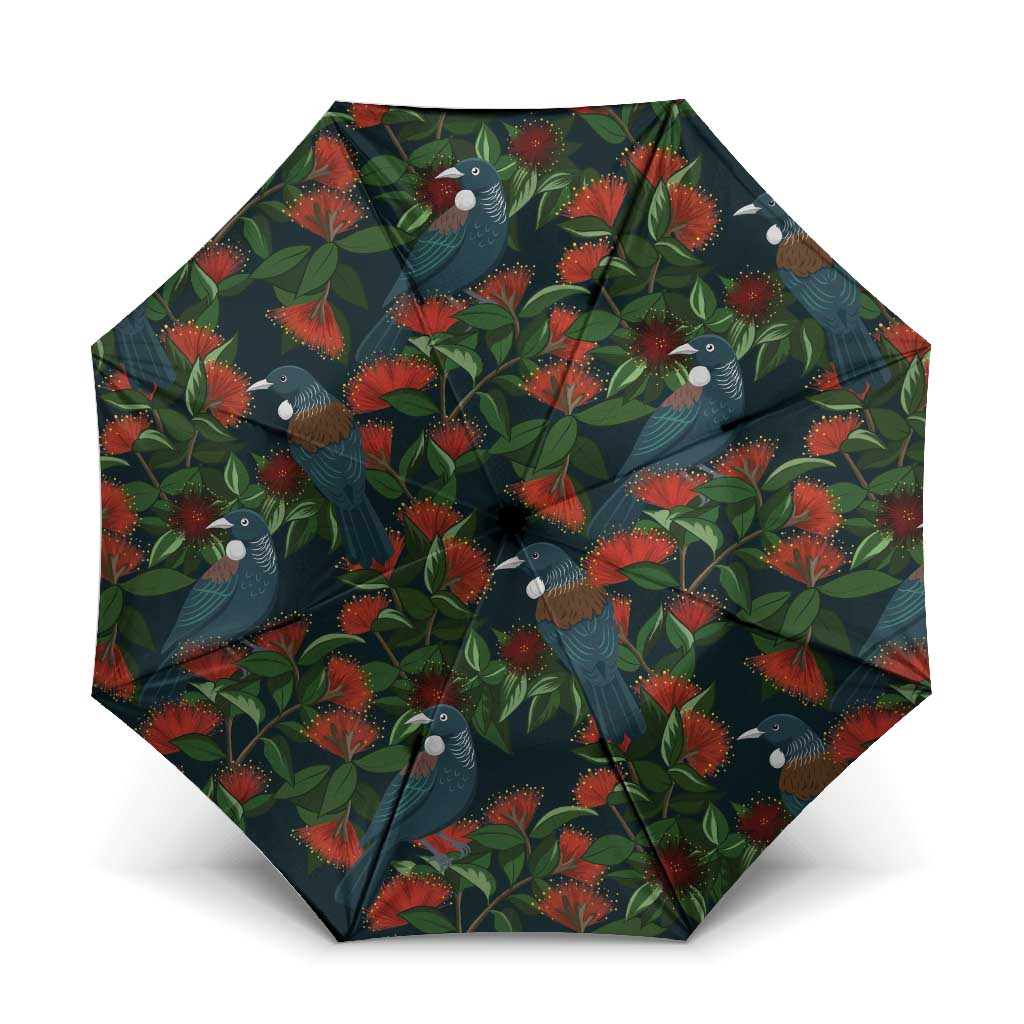 New Zealand Christmas Umbrella Romantic Tui Birds on Pohutukawa - Cobalt LT7 One Size Folded 11.42 inch Opened Diameter 37.4 inch Cobalt - Polynesian Pride