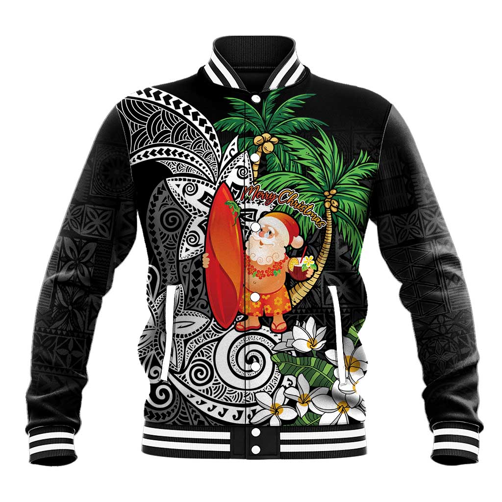 Polynesian Baseball Jacket Tropical Santa - Plumeria Black Vintage LT7 Unisex Black - Polynesian Pride