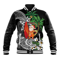 Polynesian Baseball Jacket Tropical Santa - Plumeria Black Vintage LT7 Unisex Black - Polynesian Pride