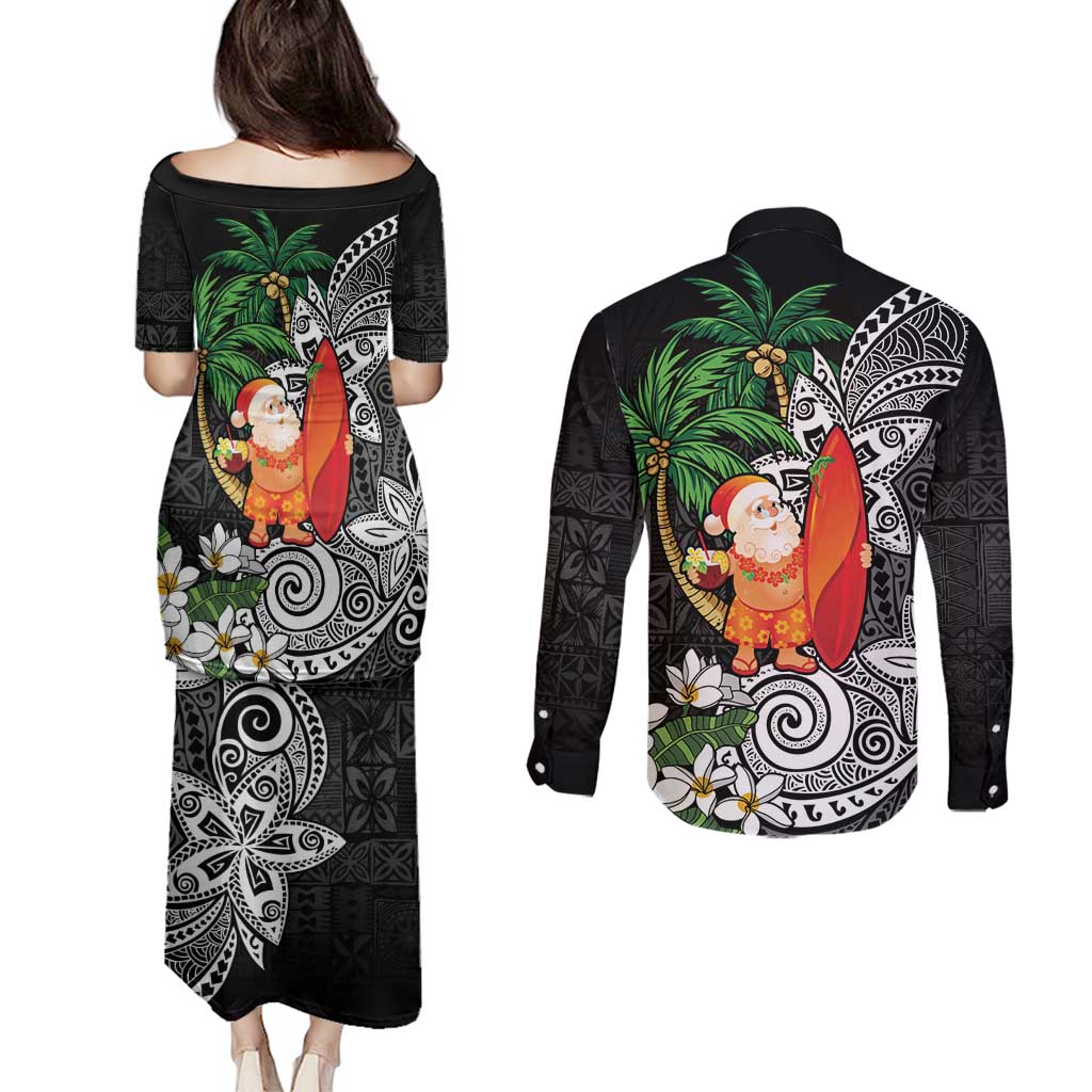 Polynesian Couples Matching Puletasi and Long Sleeve Button Shirt Tropical Santa - Plumeria Black Vintage LT7 - Polynesian Pride