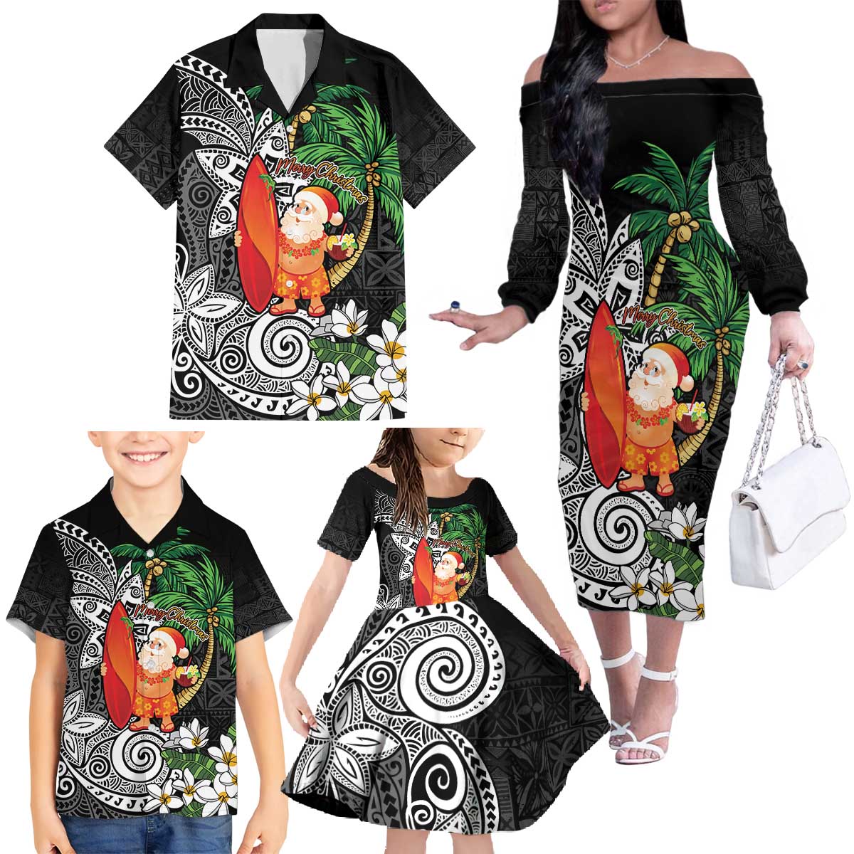 Polynesian Family Matching Off The Shoulder Long Sleeve Dress and Hawaiian Shirt Tropical Santa - Plumeria Black Vintage