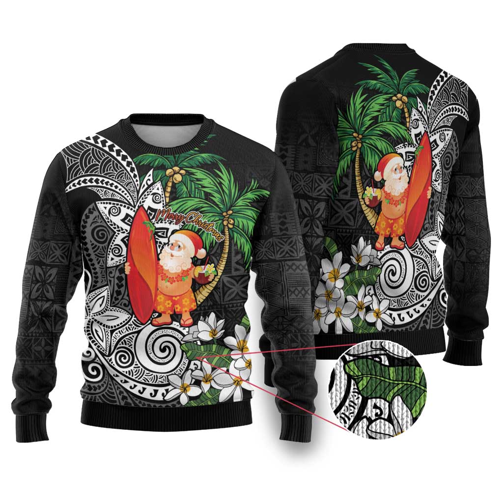 Polynesian Ugly Christmas Sweater Tropical Santa - Plumeria Black Vintage LT7 Black - Polynesian Pride