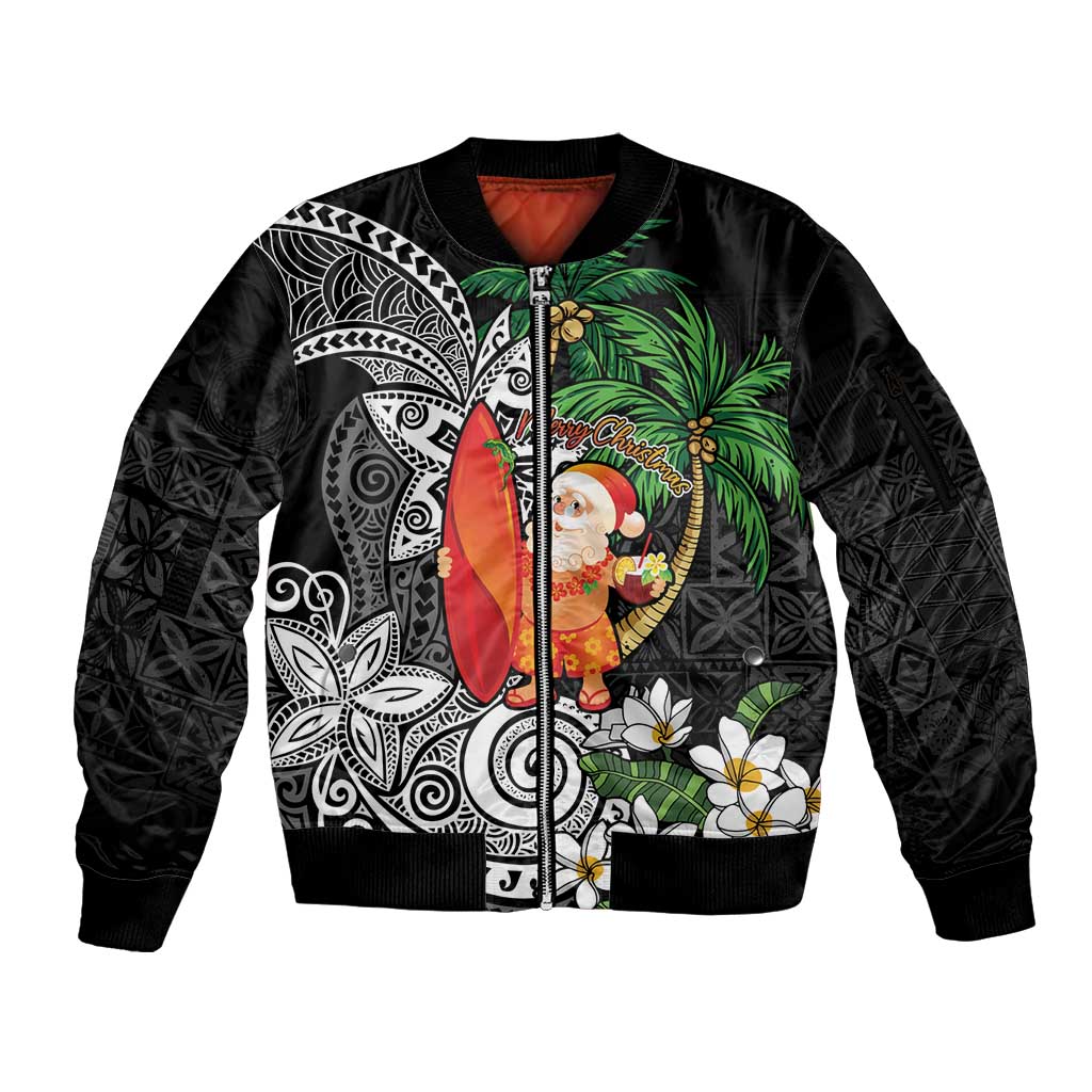 Polynesian Sleeve Zip Bomber Jacket Tropical Santa - Plumeria Black Vintage LT7 Unisex Black - Polynesian Pride