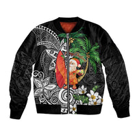 Polynesian Sleeve Zip Bomber Jacket Tropical Santa - Plumeria Black Vintage LT7 Unisex Black - Polynesian Pride