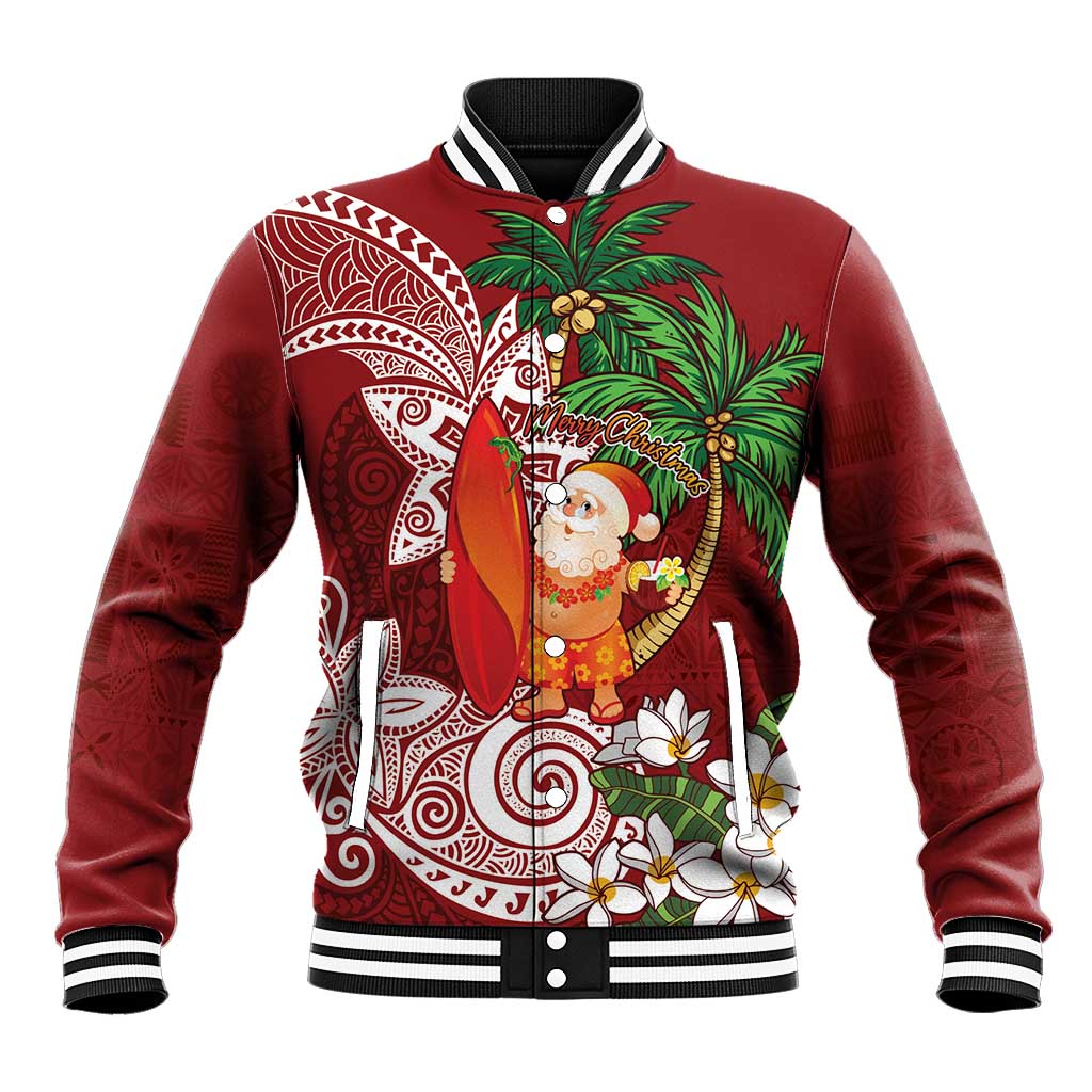 Polynesian Baseball Jacket Tropical Santa - Plumeria Red Vintage LT7 Unisex Red - Polynesian Pride