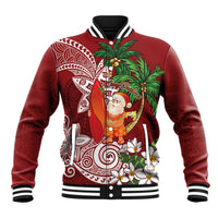 Polynesian Baseball Jacket Tropical Santa - Plumeria Red Vintage LT7 Unisex Red - Polynesian Pride