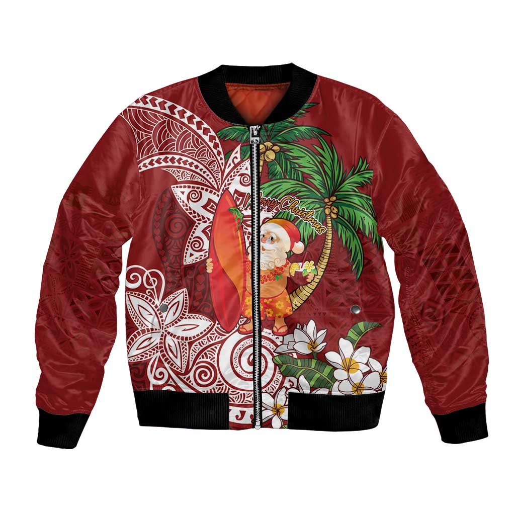 Polynesian Bomber Jacket Tropical Santa - Plumeria Red Vintage LT7 Unisex Red - Polynesian Pride