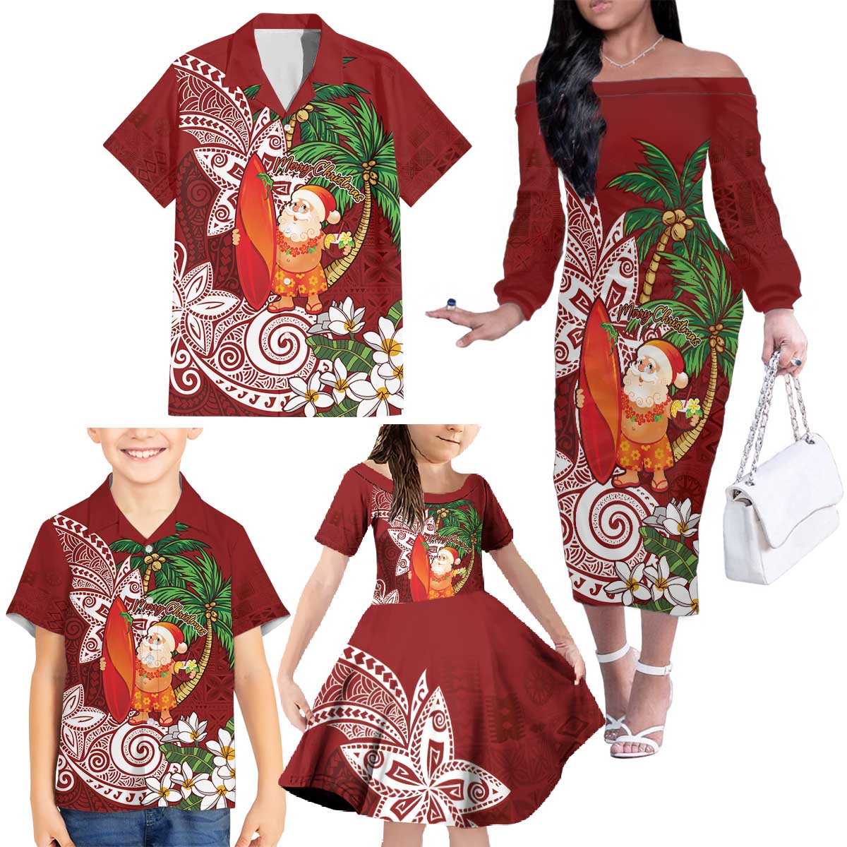 Polynesian Family Matching Off The Shoulder Long Sleeve Dress and Hawaiian Shirt Tropical Santa - Plumeria Red Vintage