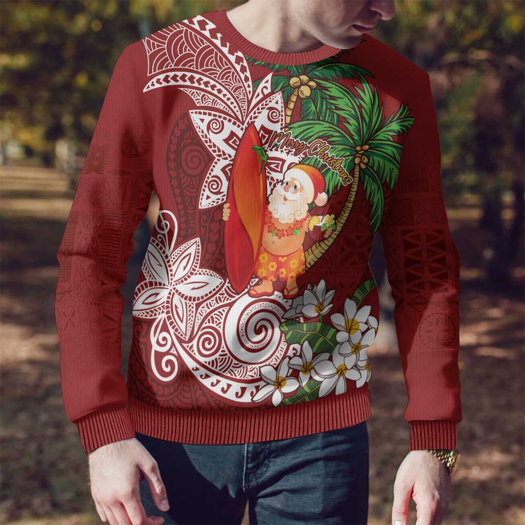Polynesian Ugly Christmas Sweater Tropical Santa - Plumeria Red Vintage LT7 - Polynesian Pride