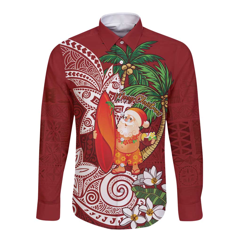 Polynesian Long Sleeve Button Shirt Tropical Santa - Plumeria Red Vintage LT7 Unisex Red - Polynesian Pride