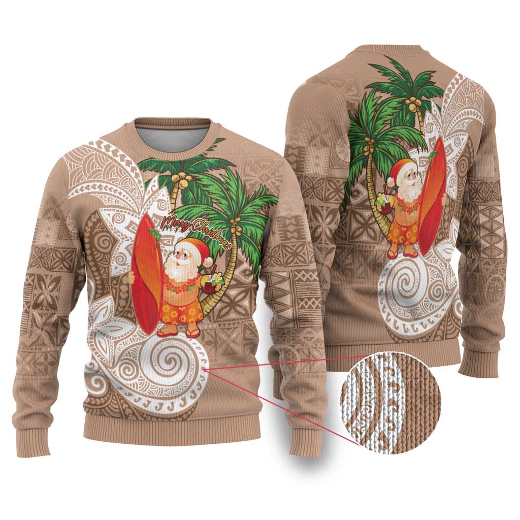 Polynesian Ugly Christmas Sweater Tropical Santa - Plumeria Beige Vintage LT7 Beige - Polynesian Pride