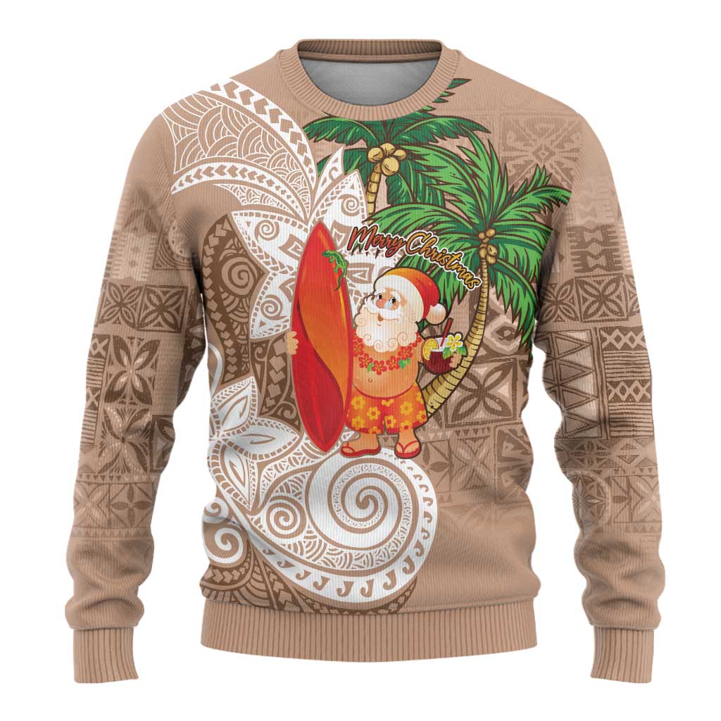 Polynesian Ugly Christmas Sweater Tropical Santa - Plumeria Beige Vintage LT7 - Polynesian Pride