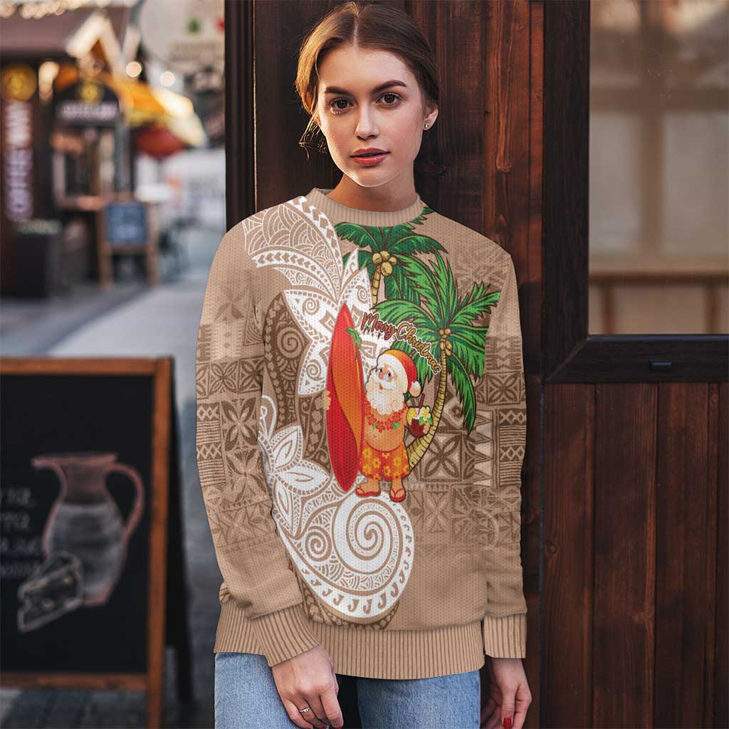 Polynesian Ugly Christmas Sweater Tropical Santa - Plumeria Beige Vintage LT7 - Polynesian Pride