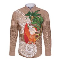 Polynesian Long Sleeve Button Shirt Tropical Santa - Plumeria Beige Vintage LT7 Unisex Beige - Polynesian Pride