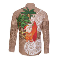 Polynesian Long Sleeve Button Shirt Tropical Santa - Plumeria Beige Vintage LT7 - Polynesian Pride