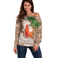 Polynesian Off Shoulder Sweater Tropical Santa - Plumeria Beige Vintage LT7 Women Beige - Polynesian Pride