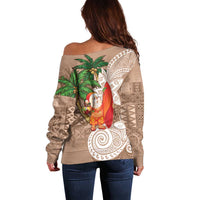 Polynesian Off Shoulder Sweater Tropical Santa - Plumeria Beige Vintage LT7 - Polynesian Pride