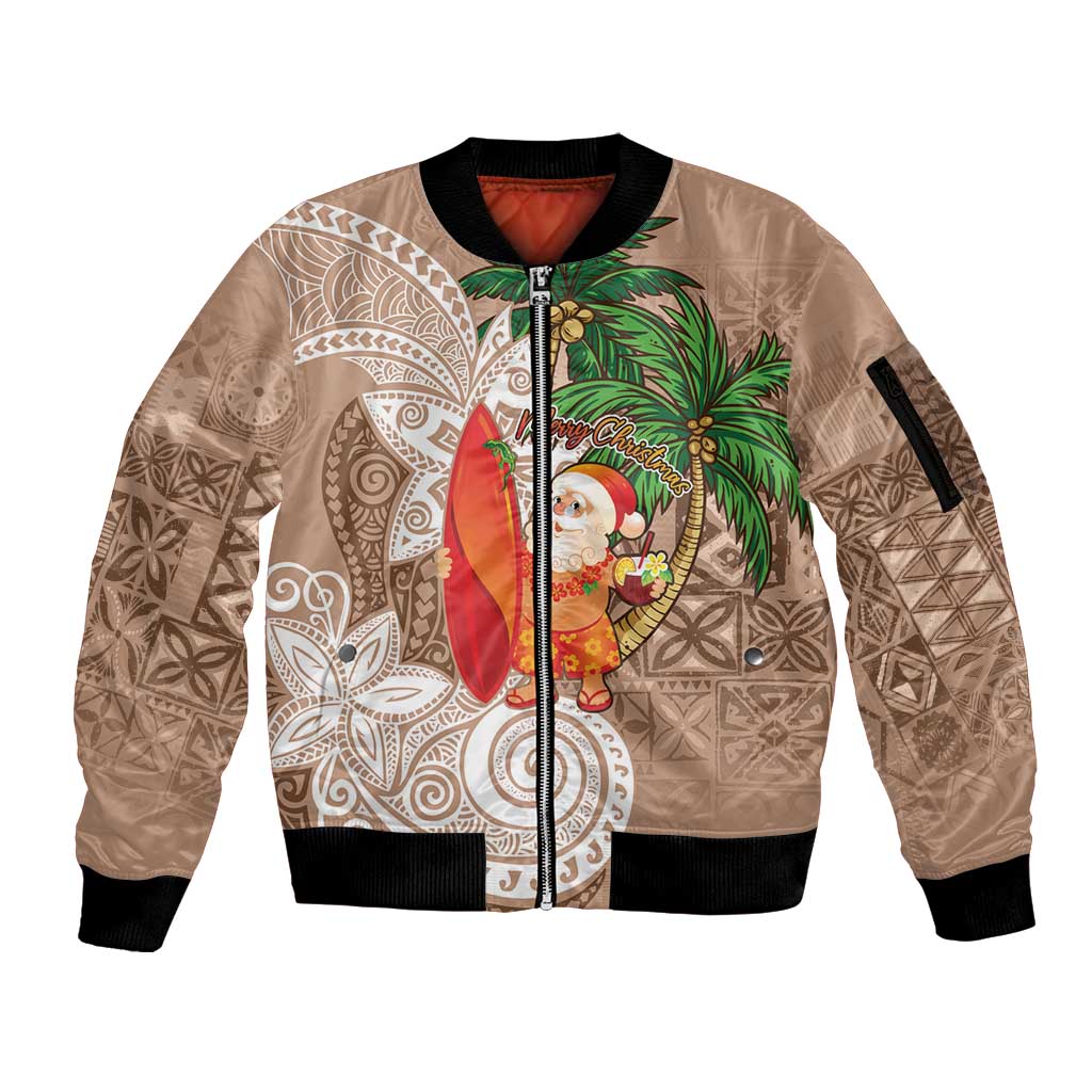 Polynesian Sleeve Zip Bomber Jacket Tropical Santa - Plumeria Beige Vintage LT7 Unisex Beige - Polynesian Pride