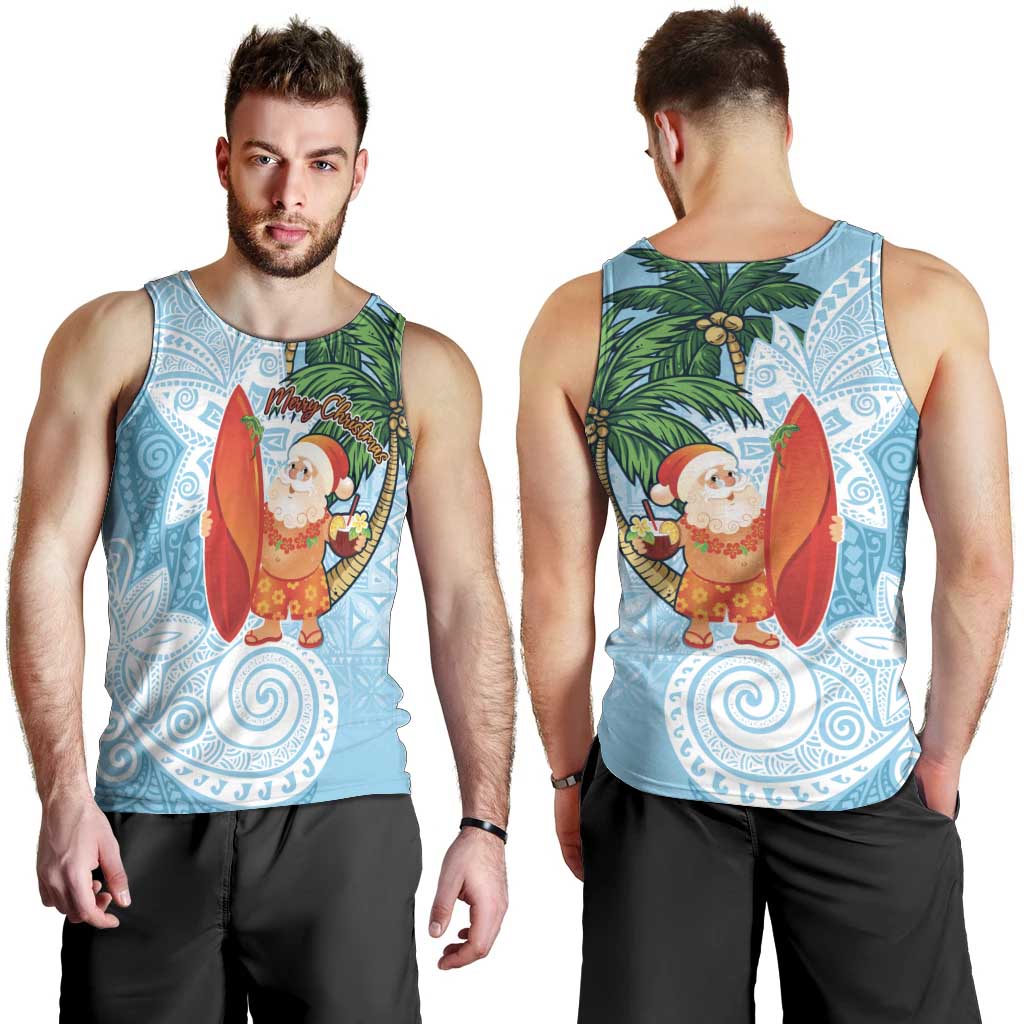 Polynesian Men Tank Top Tropical Santa - Plumeria Turquoise Vintage LT7 - Polynesian Pride