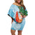 Polynesian Off Shoulder Short Dress Tropical Santa - Plumeria Turquoise Vintage