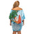 Polynesian Off Shoulder Short Dress Tropical Santa - Plumeria Turquoise Vintage