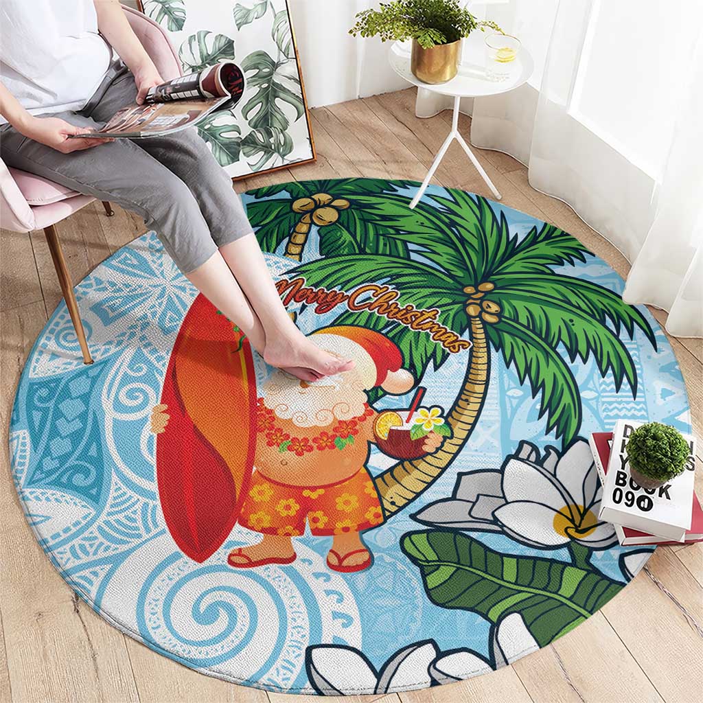 Polynesian Round Carpet Tropical Santa - Plumeria Turquoise Vintage LT7 - Polynesian Pride