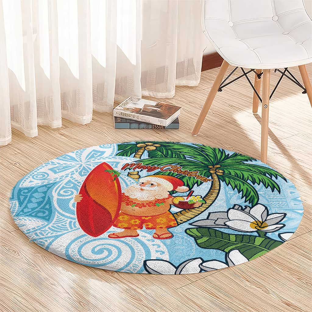 Polynesian Round Carpet Tropical Santa - Plumeria Turquoise Vintage LT7 - Polynesian Pride