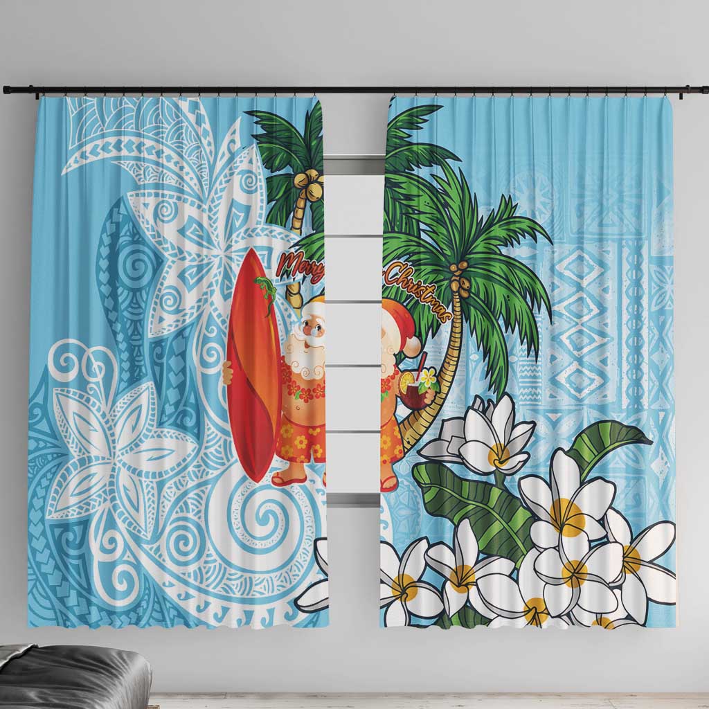Polynesian Window Curtain Tropical Santa - Plumeria Turquoise Vintage LT7 With Hooks Turquoise - Polynesian Pride