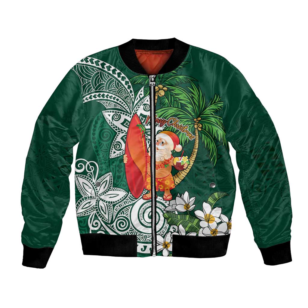 Polynesian Bomber Jacket Tropical Santa - Plumeria Green Vintage LT7 Unisex Green - Polynesian Pride