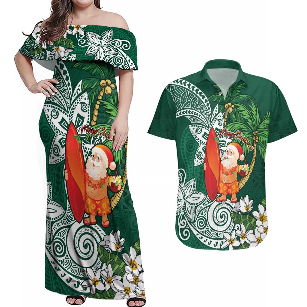 Polynesian Couples Matching Off Shoulder Maxi Dress and Hawaiian Shirt Tropical Santa - Plumeria Green Vintage