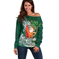 Polynesian Off Shoulder Sweater Tropical Santa - Plumeria Green Vintage LT7 Women Green - Polynesian Pride