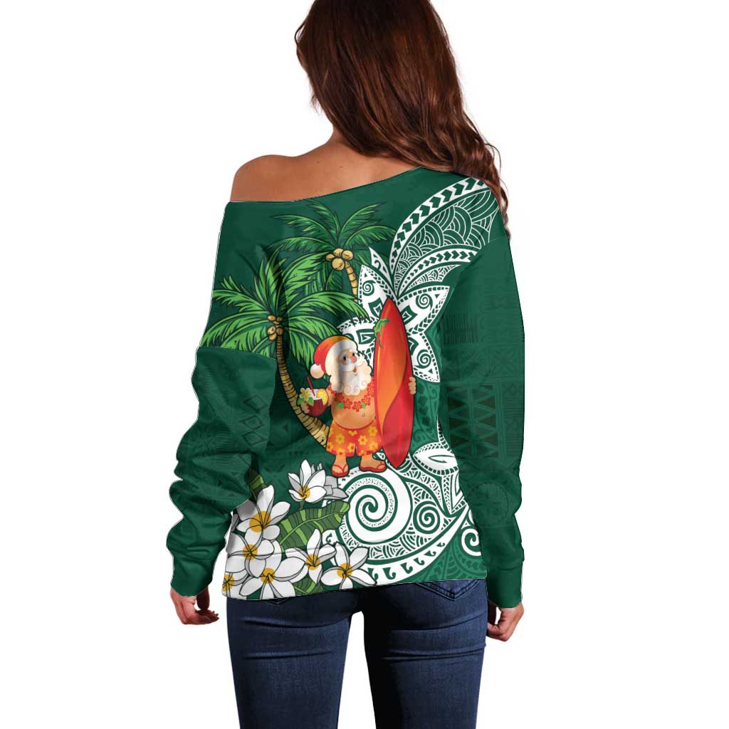 Polynesian Off Shoulder Sweater Tropical Santa - Plumeria Green Vintage LT7 - Polynesian Pride