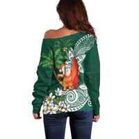 Polynesian Off Shoulder Sweater Tropical Santa - Plumeria Green Vintage LT7 - Polynesian Pride